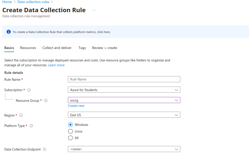Data Collection Rule Name and Options