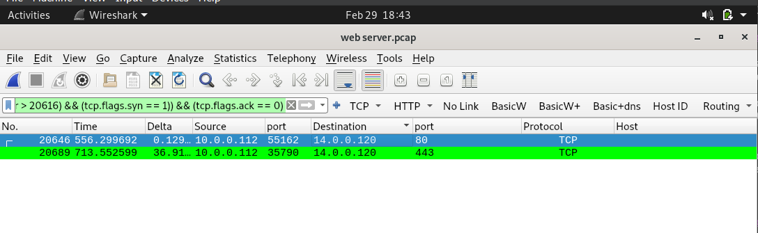 Image of wireshark results filtering for syn packets