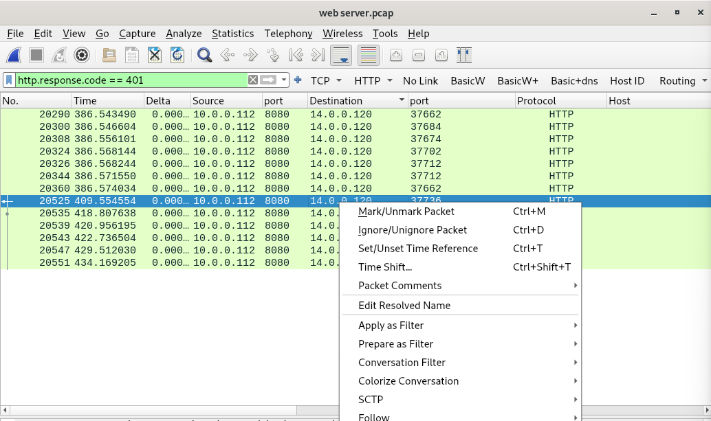 Image of wireshark results filtering for syn packets