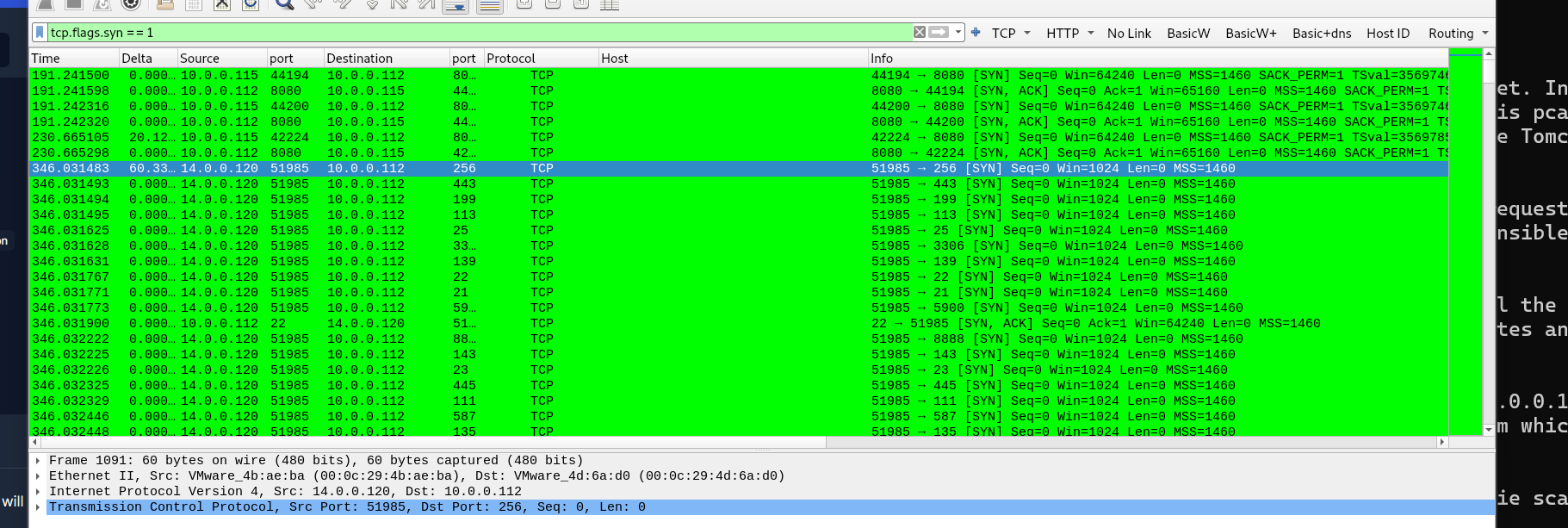 Image of wireshark results filtering for syn packets