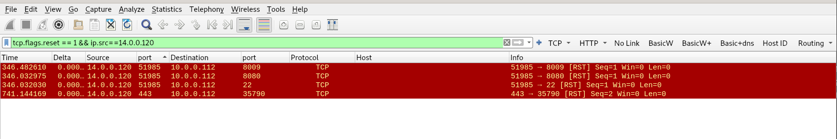 Image of wireshark results filtering for syn packets